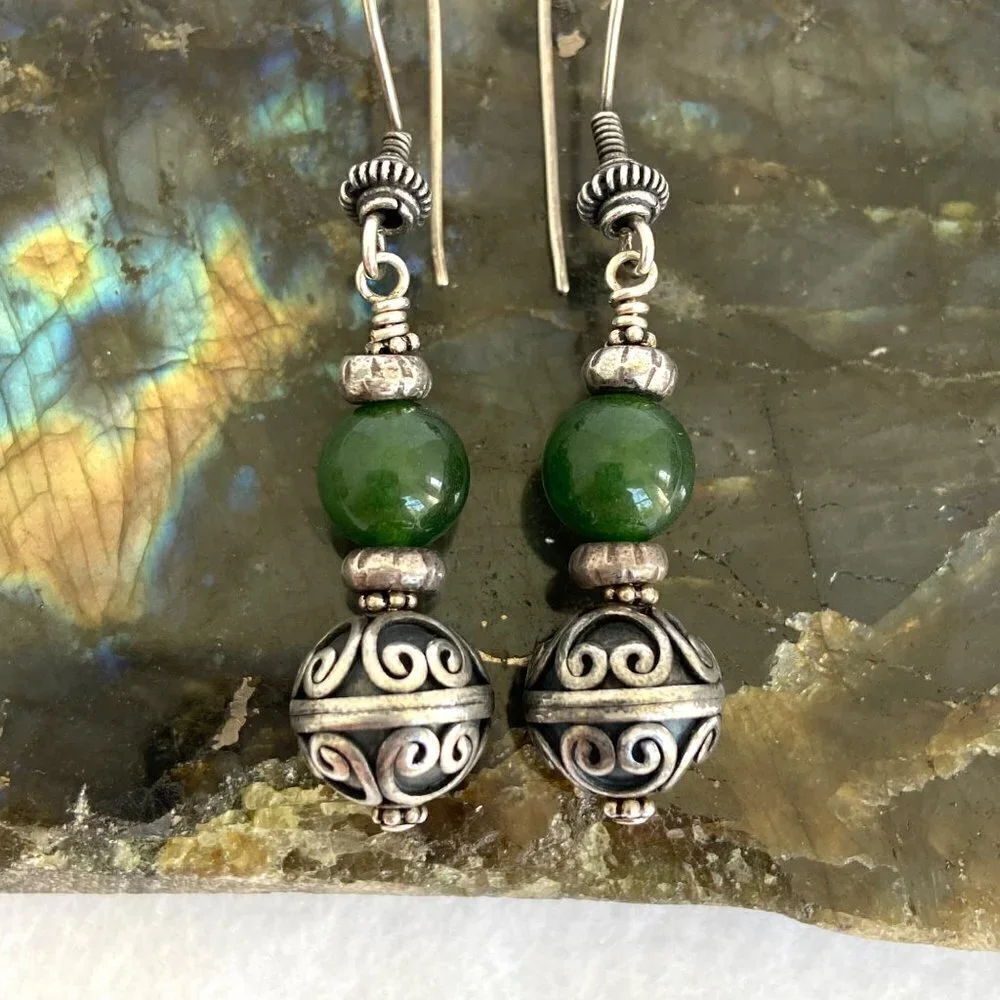 Sterling Silver 925 Round Beaded Nephrite Oxidized Scrollwork Dangle Earrings